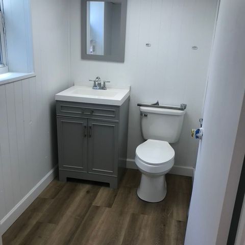Compact bath with a grey vanity and wood-look flooring
