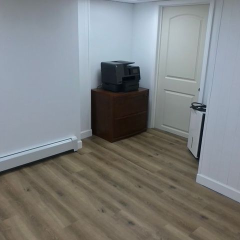 Renovated office with new flooring, baseboard heat and a panel door