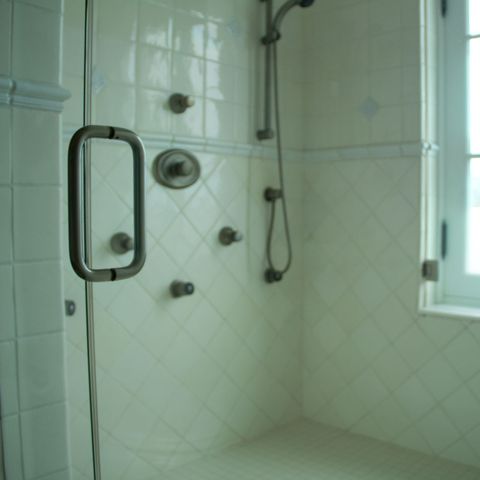 Glass-enclosed shower with a water view